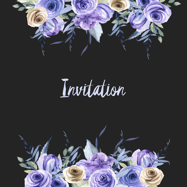 Akvarelu modré a hnědé růže a rostliny šablona na kartu, pozvání karty design, ručně malované na tmavém pozadí - Fotografie, Obrázek