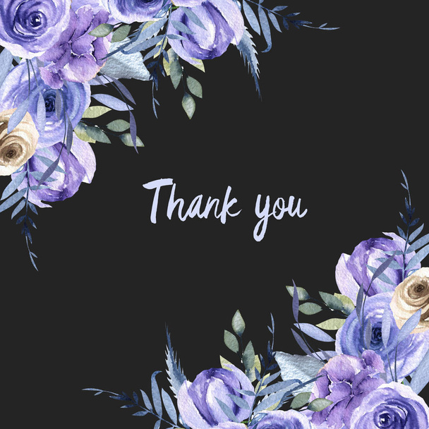 Akvarel blue roses a rostliny karty šablony, děkuji karty design, ručně malované na tmavém pozadí - Fotografie, Obrázek