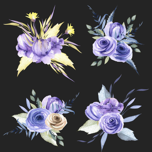 Набор букетов из голубых роз и растений, нарисованных вручную на темном фоне
 - Фото, изображение