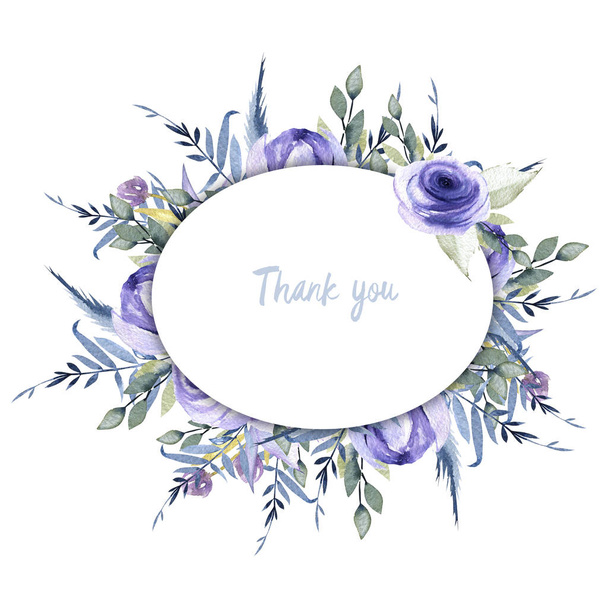 Aquarel blauwe rozen en de randen van het oval frame van de takken, hand geschilderd op een witte achtergrond, dank u kaart ontwerp - Foto, afbeelding