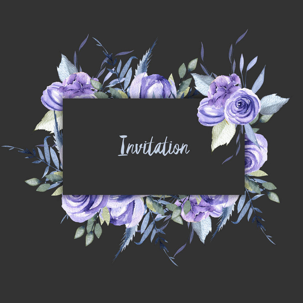 Акварельно-голубые розы и ветви рамки рамки, ручная роспись на темном фоне, дизайн пригласительной карты
 - Фото, изображение