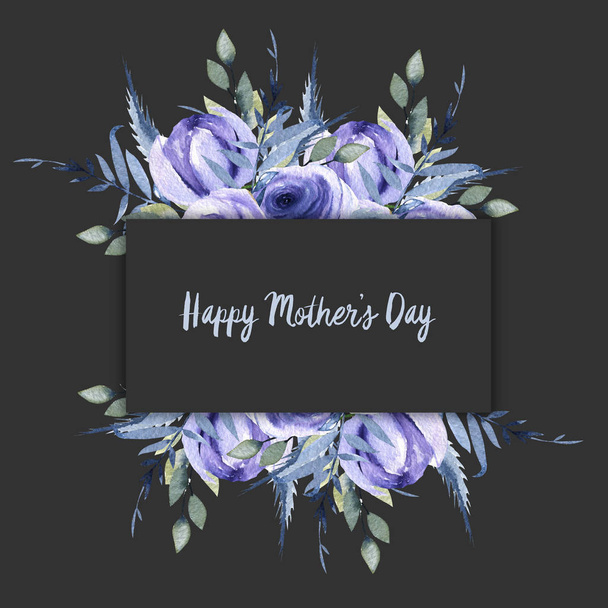 Akvarel blue roses a větve hranice rámečku, ručně malované na tmavém pozadí, design karty den matek - Fotografie, Obrázek