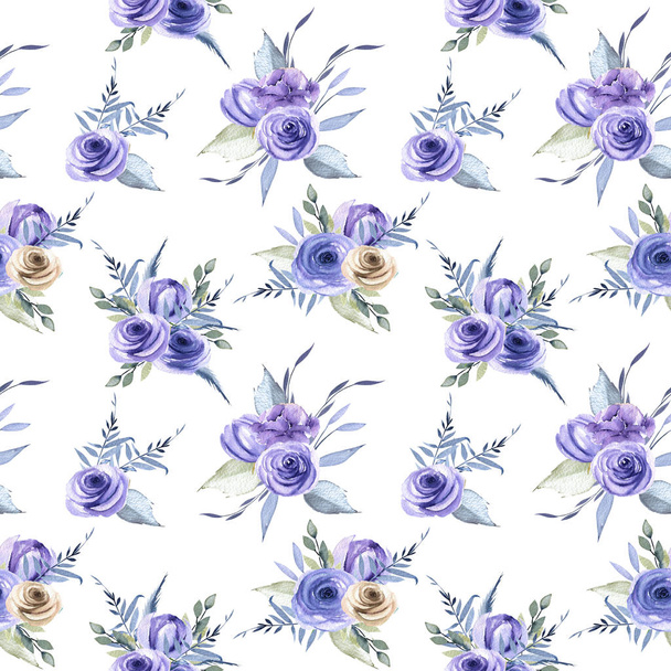 Vesiväri sininen ruusut kukkakimppuja saumaton kuvio, käsin maalattu valkoisella pohjalla
 - Valokuva, kuva