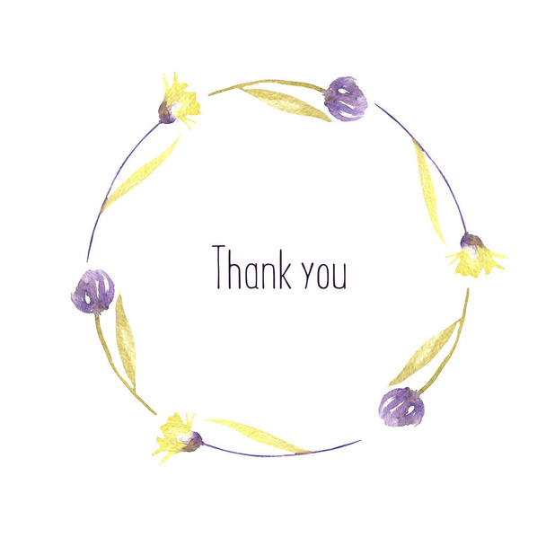 Акварель фіолетовий і жовтий простий квітковий вінок, шаблон вітальної листівки, рука пофарбована на білому тлі, Дякую дизайну листівки
 - Фото, зображення