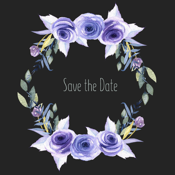 Aquarelle roses bleues, plantes et couronnes d'herbes, modèle de carte de vœux, peint à la main sur un fond sombre, Enregistrer la conception de la carte de date
 - Photo, image