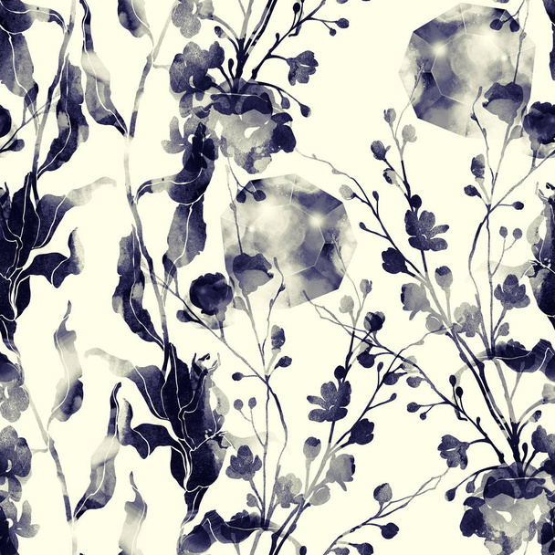 Die Magie der Natur: Abdrücke abstrakter Blumen und Blätter mischen sich mit sich wiederholenden, nahtlosen Mustern. Aquarell und digitales handgezeichnetes Bild. - Foto, Bild