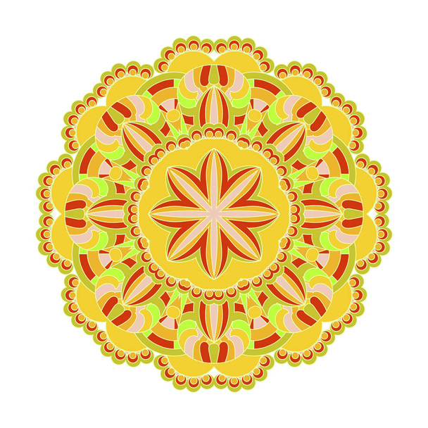 Mandala ornamentation design. Outline flower decorative illustration in warm yellow tones Asian traditional mehandi style decor. Oriental pattern, vector illustration. - Vetor, Imagem
