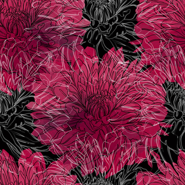 Abdrücke japanischer Chrysanthemen mischen sich mit wiederholten, nahtlosen Mustern. Aquarell und digitales handgezeichnetes Bild. Gemischte Medien - Foto, Bild