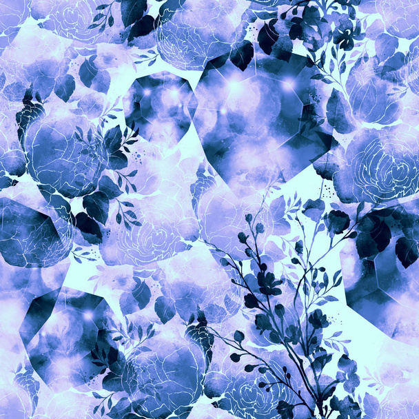 μαγεία της φύσης: αποτυπώματα αφηρημένα λουλούδια και φύλλα αναμειγνύεται επαναλάβετε μοτίβο άνευ ραφής. ακουαρέλα και ψηφιακό χειρός σχεδιασμένη εικόνα.. - Φωτογραφία, εικόνα