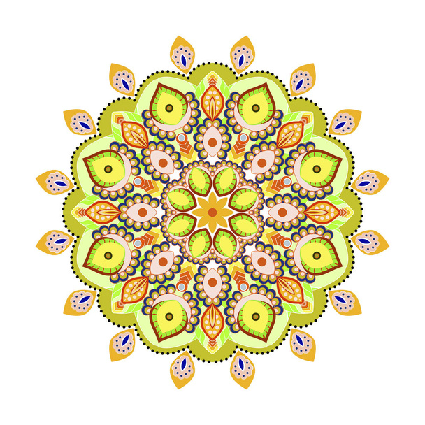 Flower Mandala. Outline flower decorative illustration in warm yellow tones. Hand drawn vector background. Vintage decorative elements - Vector, imagen