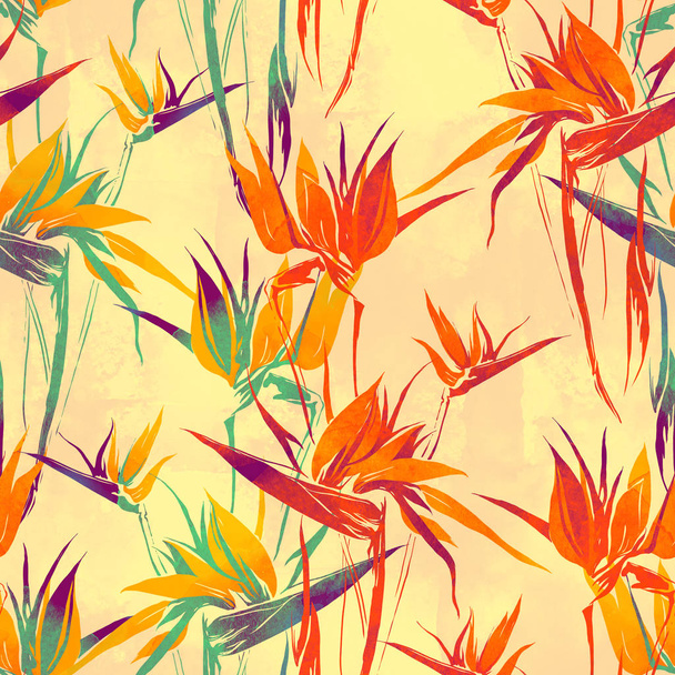 otisky strelitzia květiny mix opakujeme vzor bezešvé. akvarel a digitální ručně nakreslený obrázek. kombinovaná technika kresby - Fotografie, Obrázek