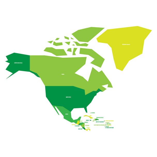 Πολύ απλοποιημένος infographic πολιτικός χάρτης της Βόρειας Αμερικής σε πράσινα χρώματα. Απλή γεωμετρική διανυσματική απεικόνιση - Διάνυσμα, εικόνα