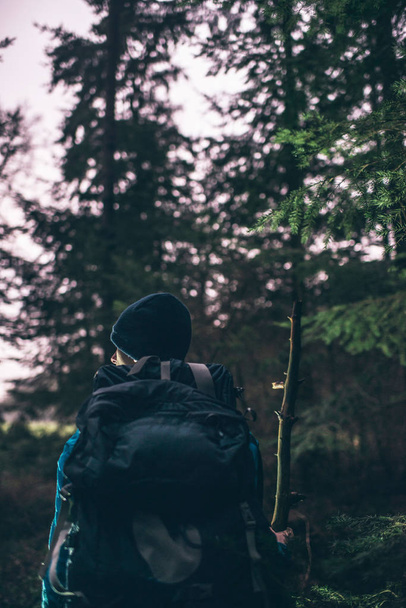 Backpacker hiking in winter forest  - Φωτογραφία, εικόνα
