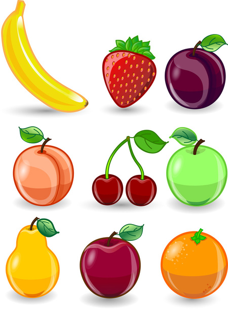Rajzfilm, narancs, banán, alma, eper, körte, cseresznye, őszibarack, szilva, citrom, szőlő, görögdinnye, málna - Vektor, kép