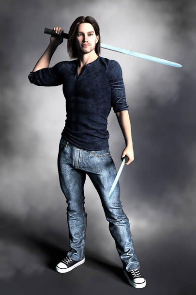 Handsome man holding katana swords ready to defend - Foto, afbeelding