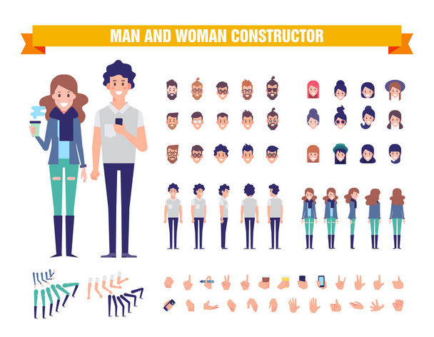 Young Man en vrouw teken constructor met verschillende weergaven, kapsels, houdingen en bewegingen. Voorste, kant, achteraanzicht. Cartoon stijl, platte vectorillustratie.  - Vector, afbeelding