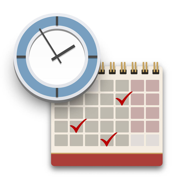 Ρολόι και ημερολόγιο με σημάδια ελέγχου εικονίδιο. Ολοκλήρωση εργασιών, χρονοδιάγραμμα, συνάντηση ή προθεσμία έννοια. Επίπεδη στυλ εικονογράφηση διάνυσμα - Διάνυσμα, εικόνα