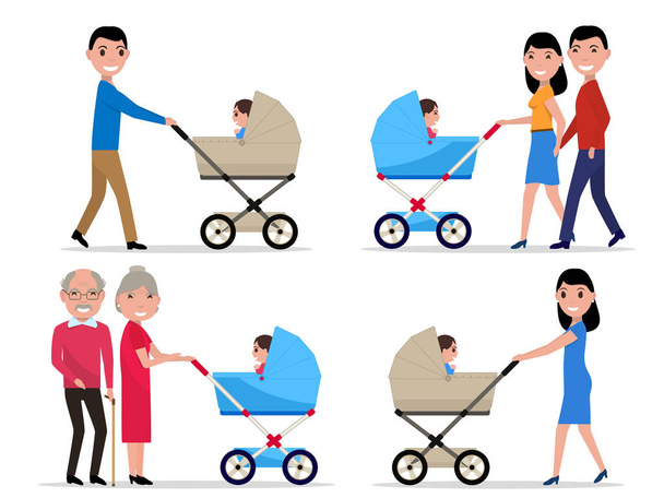 Vector characters parents with a stroller a child - Vector, Image