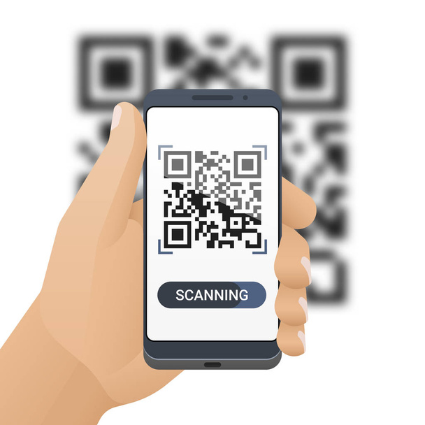 Smartphone in iemands hand scant de Qr-code. Barcode scanner toepassing op slimme telefoon scherm en wazig Qr code achter. Vectorillustratie - Vector, afbeelding