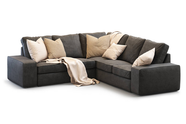 金枕でモダンなテキスタイルのソファ。3 d のレンダリング - 写真・画像