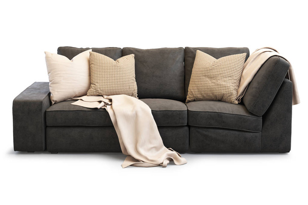 Современный текстильный диван с золотыми подушками. 3D рендеринг
 - Фото, изображение