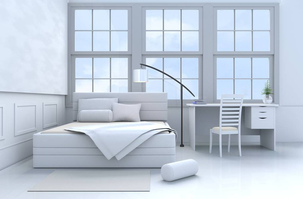 White bed room decor with tree in glass vase, pillows, blanket, window, sky, lamp, desk, book, bed, bolster, chair,, white wall it is pattern, The sun shines through the window into the shadows. 3D рендеринг
. - Фото, изображение