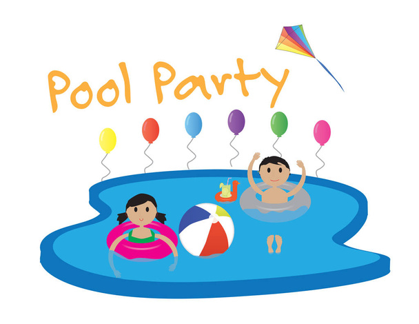 Banner de festa de piscina de verão com fundo branco, balões e pipa colorida
 - Vetor, Imagem
