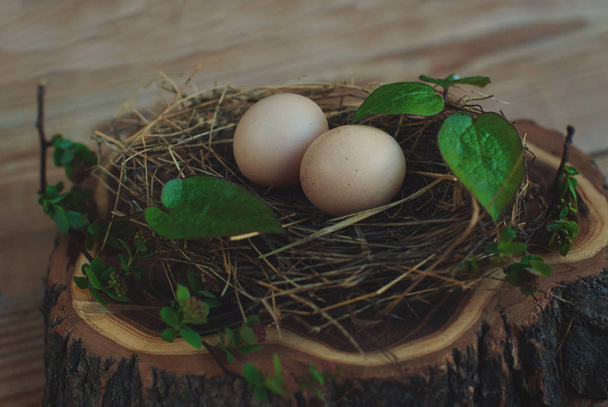 Eier im Nest auf rustikalem Holzgrund - Foto, Bild