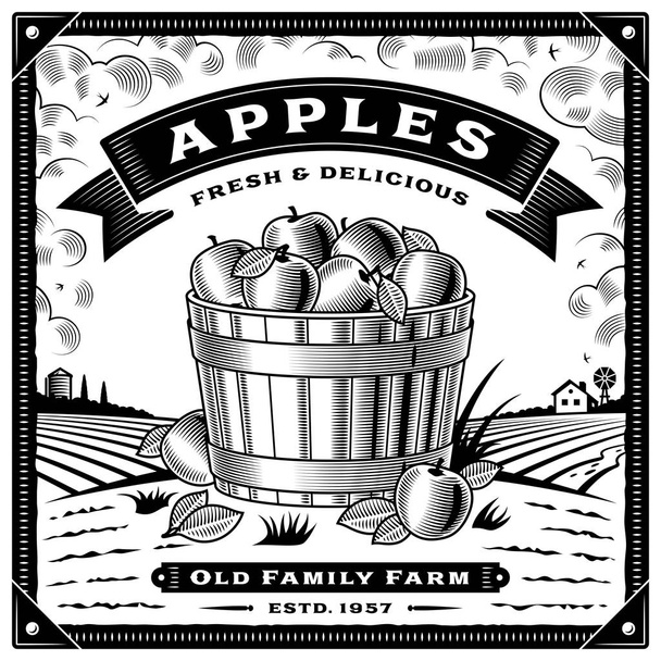 Étiquette de récolte de pommes rétro avec paysage noir et blanc. Illustration vectorielle modifiable avec masque de coupe
. - Vecteur, image