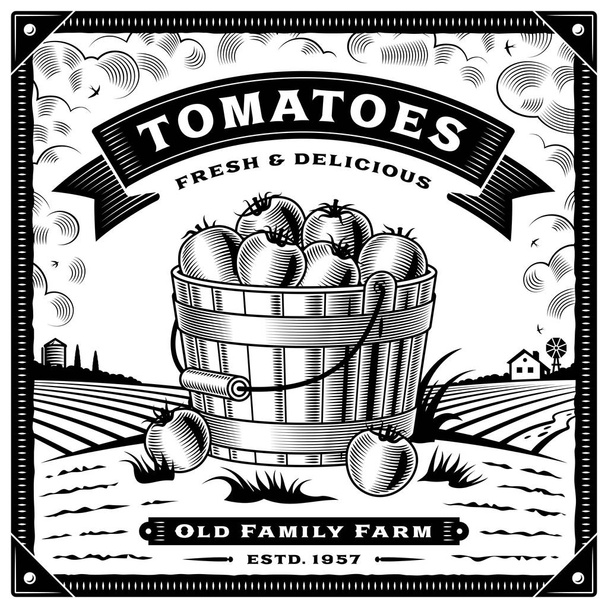 Etiqueta de cosecha de tomate retro con paisaje blanco y negro. Ilustración vectorial editable con máscara de recorte
. - Vector, Imagen