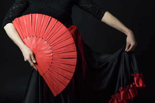Flamenco Dancer holding red fan and her skirt - Фото, изображение