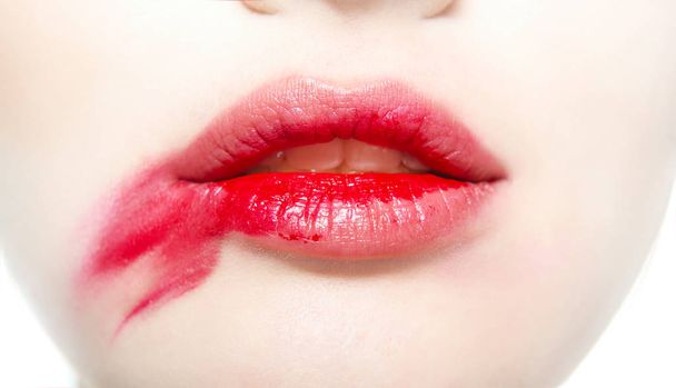 Female beautiful lips with red lipstick - Foto, Imagen