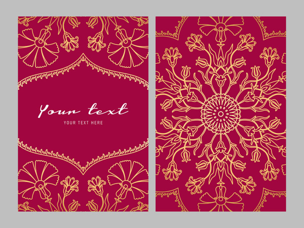 Greeting card golden ethnic patterns on red background - Vector, afbeelding
