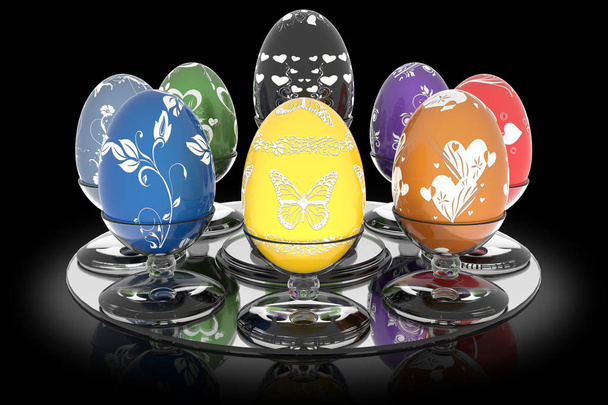  3D иллюстрация. Серия украшенных пасхальных яиц. Яйца со стеклянным держателем на черном фоне
 - Фото, изображение
