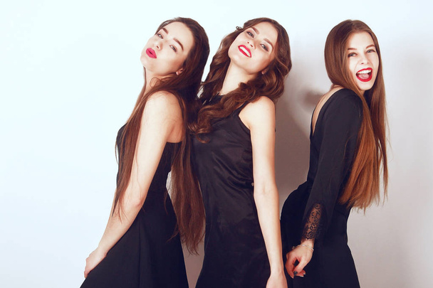 Beautiful young girls with make-up, red lips, pretty face . Womans on white background. Cheerful young womans wearing black dress, looking at camera with joyful and charming smile. Long hair - Photo, Image