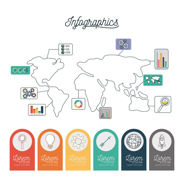 infographic world map with labels with icons on circles on bottom - Vettoriali, immagini