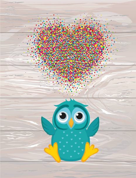 A happy owl throws a multicolored confetti in the shape of a heart - Vector, Image