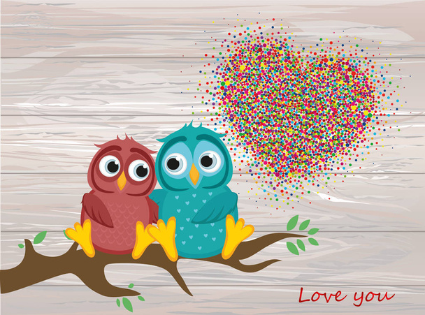 A pair of lovely owls in love, sit on a branch. Colorful confetti - Vector, Imagen