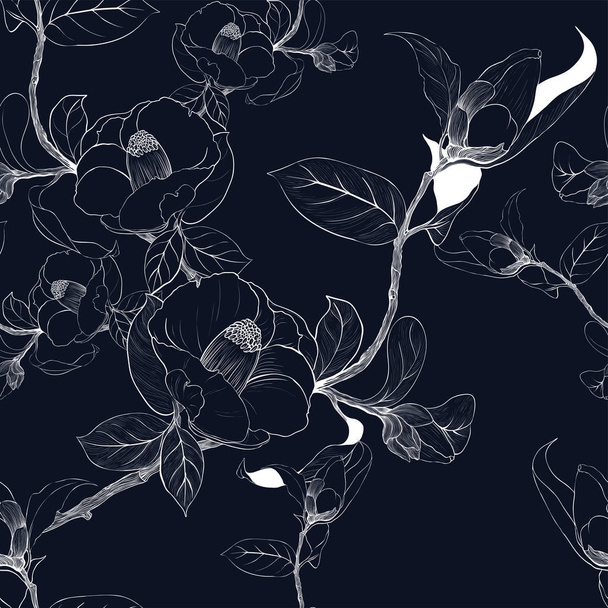 Fond vectoriel. Camellia - fleurs, bourgeons et feuilles. Modèle sans couture
.  - Vecteur, image