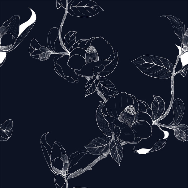 Vector background. Camellia - flowers, buds and leaves. Seamless pattern.  - Vector, Image