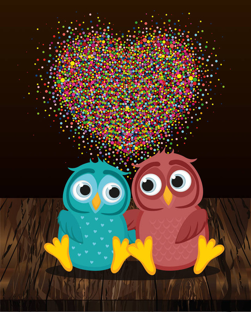 A pair of cute owls in love. Vector on wooden background. Colorful - Vector, Image