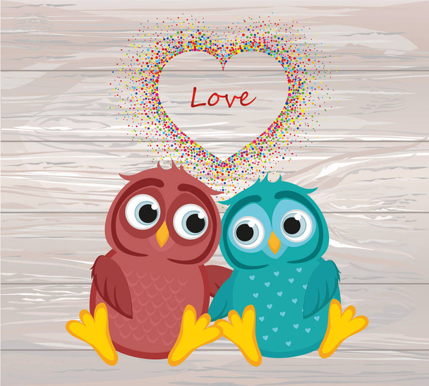 A pair of cute owls in love. Vector on wooden background. Colorful - Διάνυσμα, εικόνα