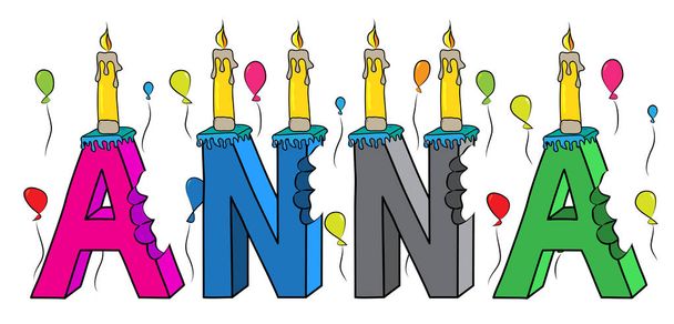 Anna femmina primo nome morso colorato 3d lettering torta di compleanno con candele e palloncini
 - Vettoriali, immagini