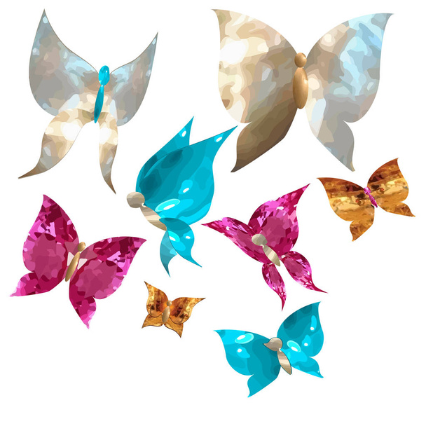 Schmetterlinge und niedliche Herzen in Form von Edelsteinen, Perlmutt - Vektor, Bild