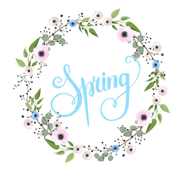 Floral wreath with green eucalyptus leaves and flowers with lettering spring in middle - Vector, Imagen