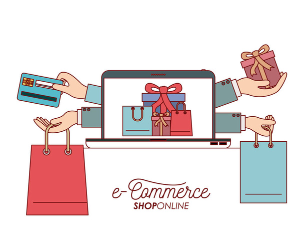 ноутбук с обоями набор подарков и сумки процесс электронной коммерции магазин онлайн на белом фоне
 - Вектор,изображение