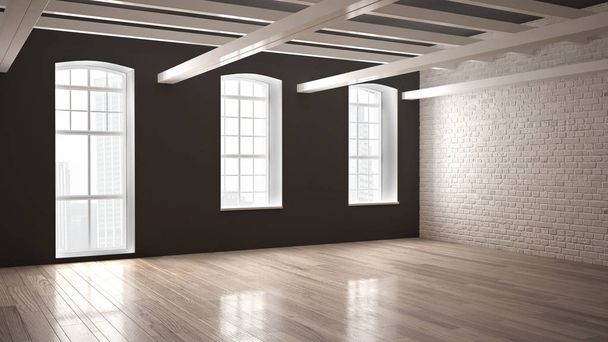 Пустое классическое промышленное пространство, открытая комната с деревянным полом и большими окнами, современный дизайн интерьера
 - Фото, изображение