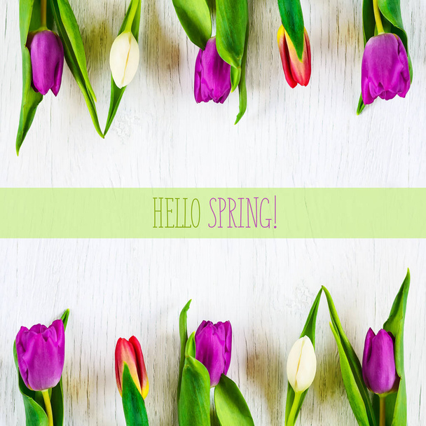 Beautiful tulips against white wooden background. The inscription Hello spring. Copy space. - Fotografie, Obrázek
