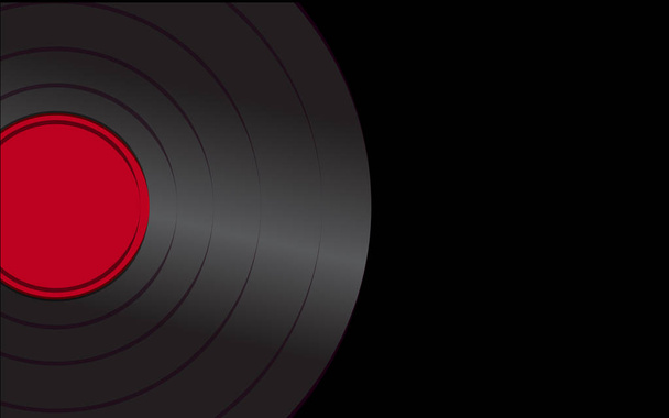 Черная яркая музыкальная аналоговая ретро-старая антикварная хипстерская винтажная граммофонная пластинка с красным центром для граммофона на черном фоне слева. Векторная иллюстрация
 - Вектор,изображение
