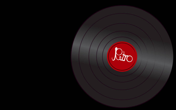 Fekete irizáló vinil zenei analóg retro régi antik antik csípő vintage hanglemez gramofon és retro felirat a fekete háttér, a jobb oldalon. Vektoros illusztráció - Vektor, kép